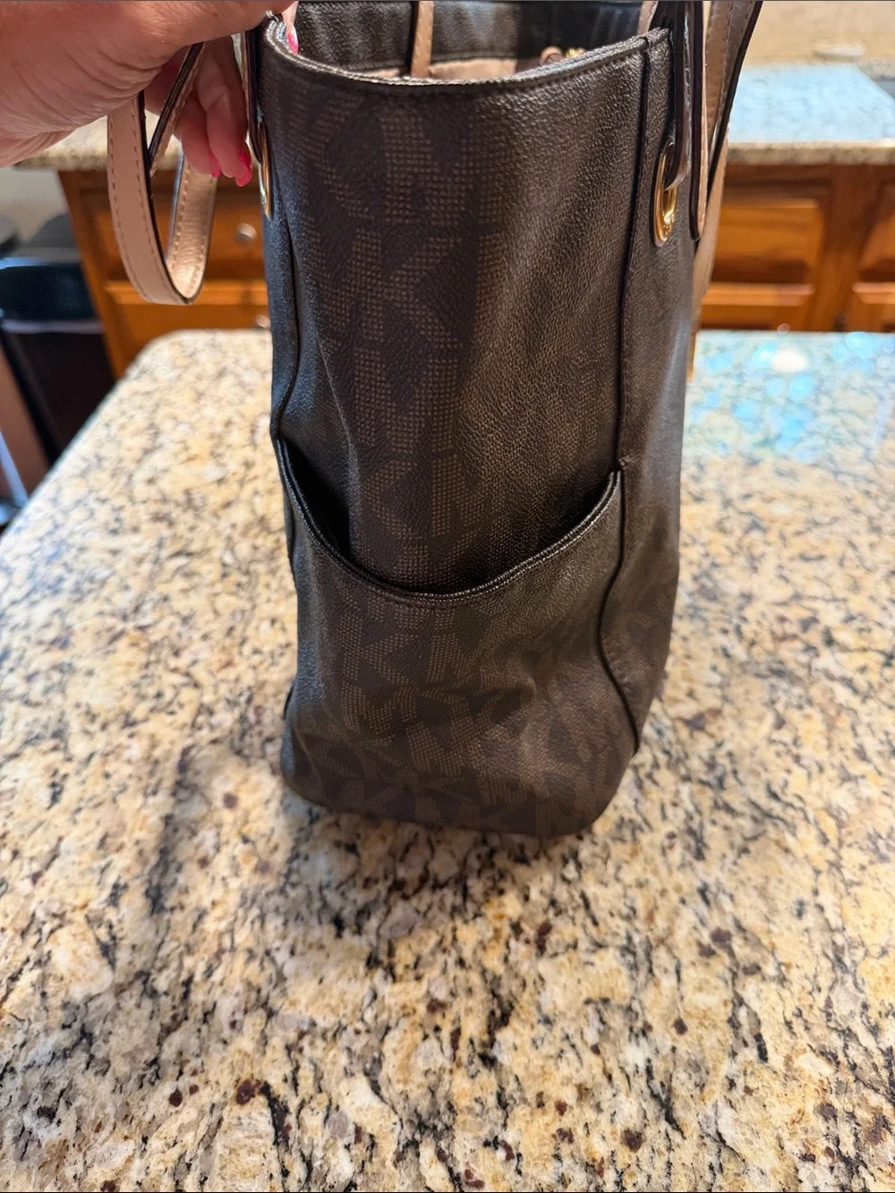 Michael Kors Black Logo Shoulder Tote with Gold MK Charm and Tan Straps